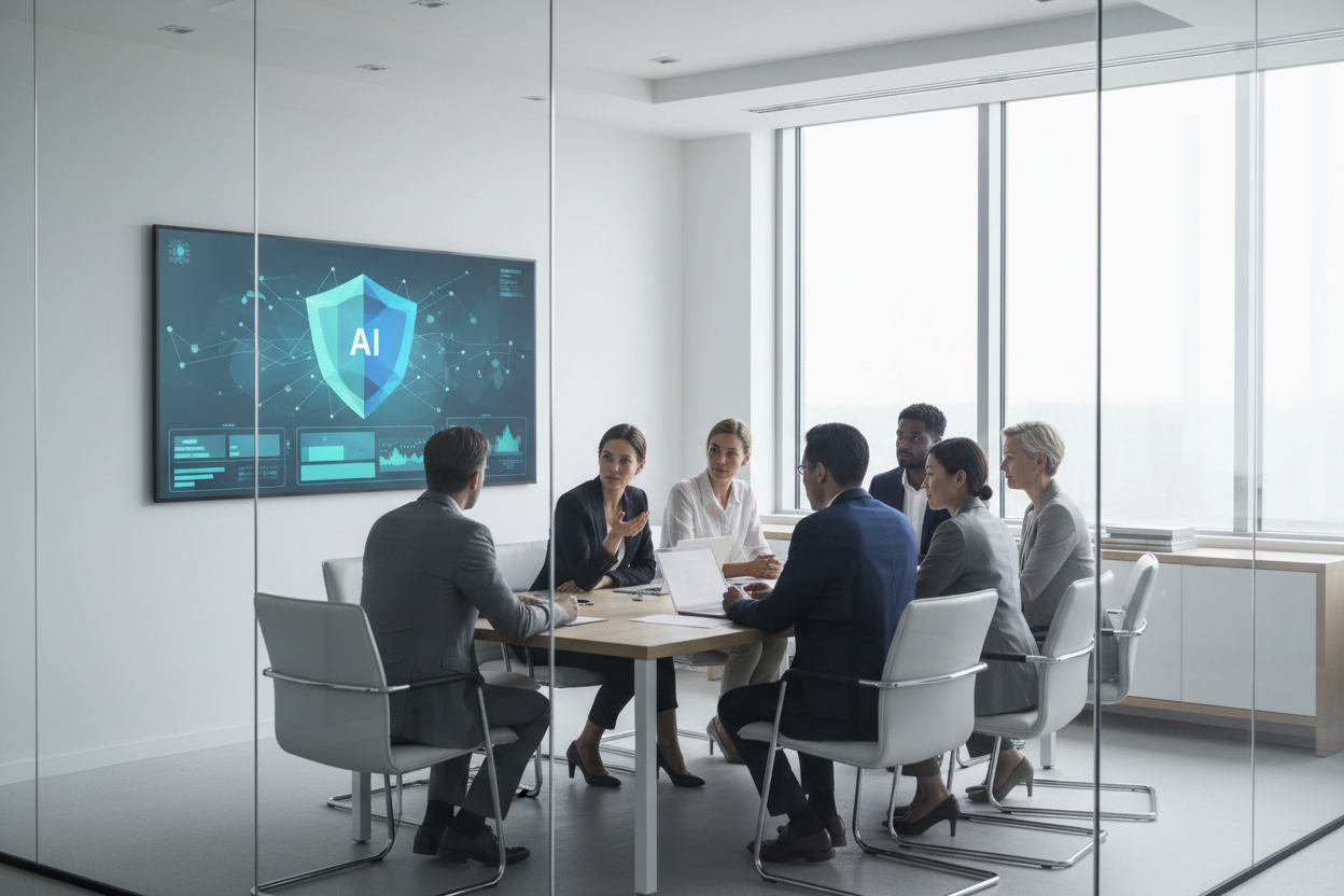 Overleg over AI security met een multidisciplinair team in een vergaderruimte